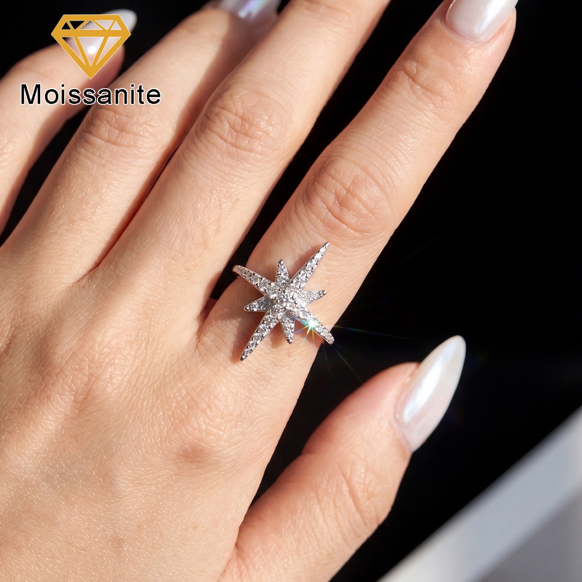 Sparkling Eight-Pointed Star Moissanite Ring for Women